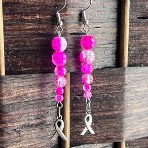 Hot Pink Breast Cancer Awareness Bead Drop Earrings